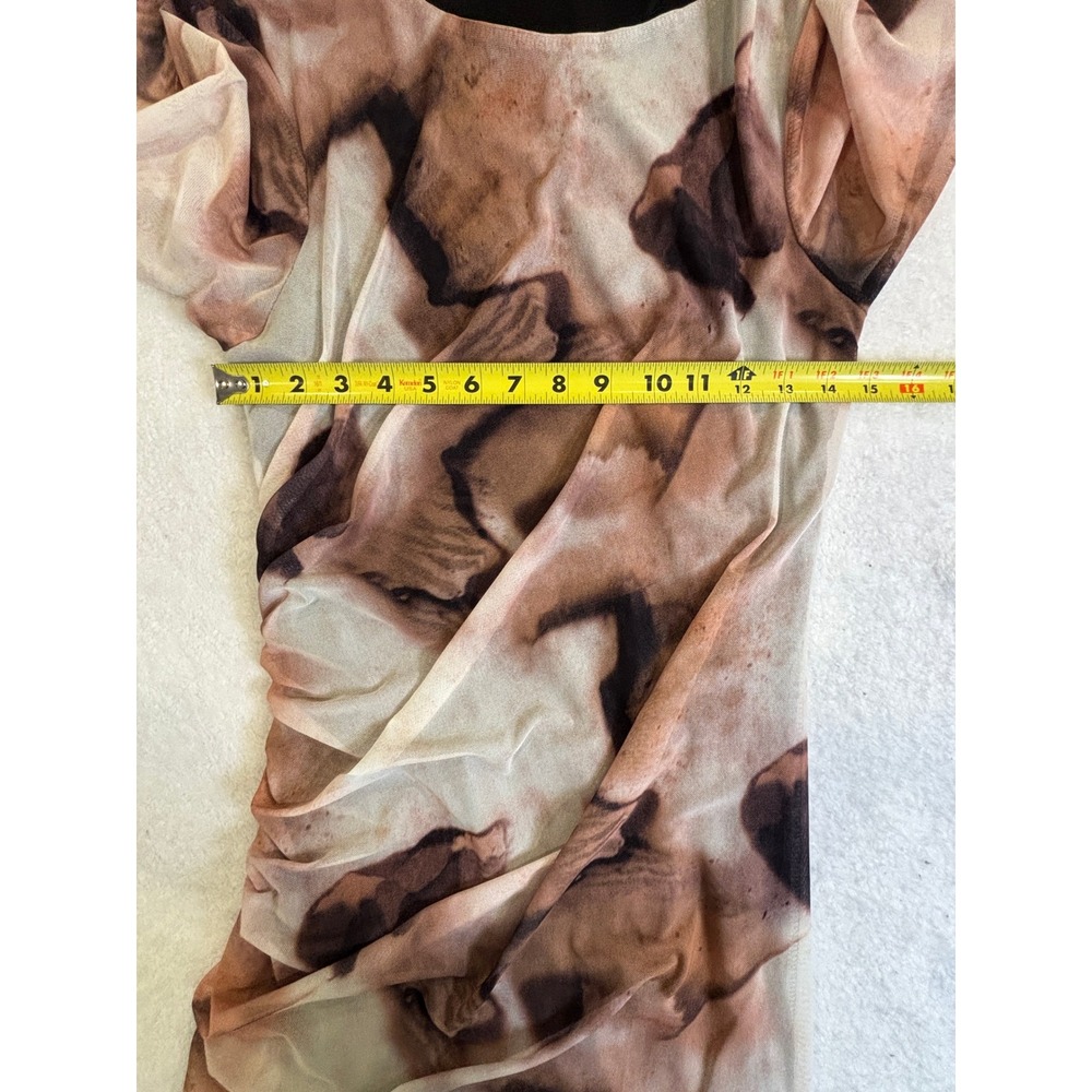SHEIN Brown Marble Print Mesh Ruched Bodycon Maxi Dress Long Sleeve XL 12‎